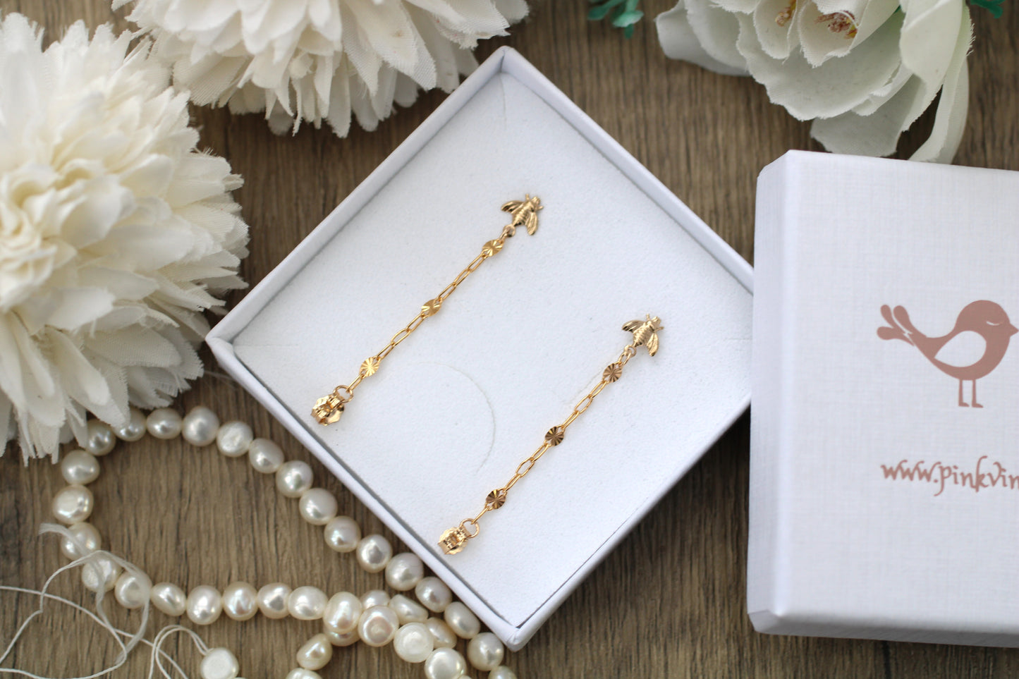 Gold filled Bee Ear Chain Earrings.