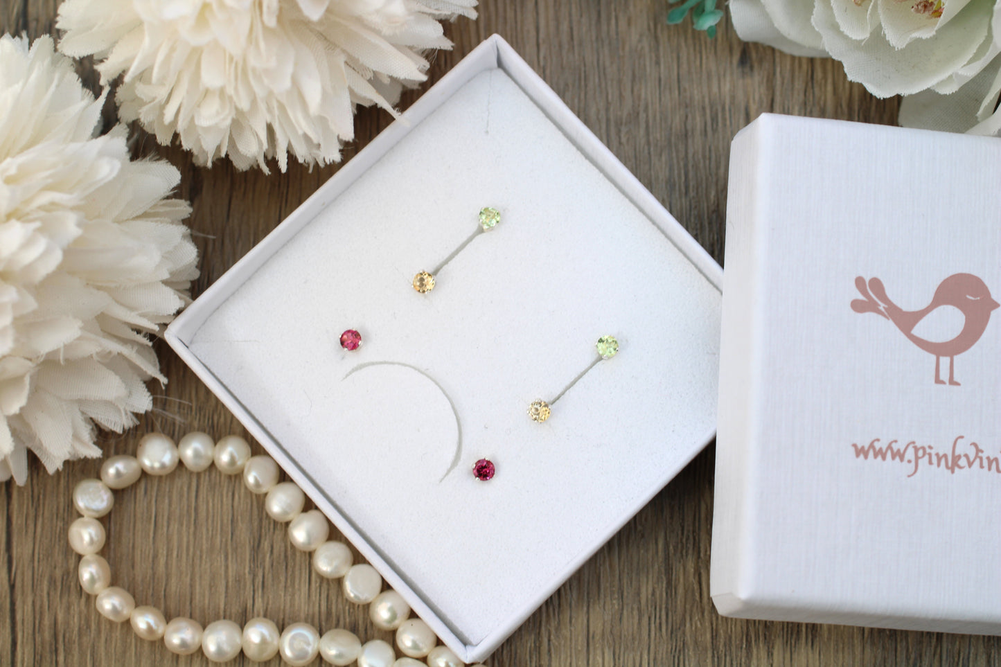 Spring Summer Gemstone Stud Trio – Peridot, Citrine & Rhodolite Garnet Sterling Silver Earrings