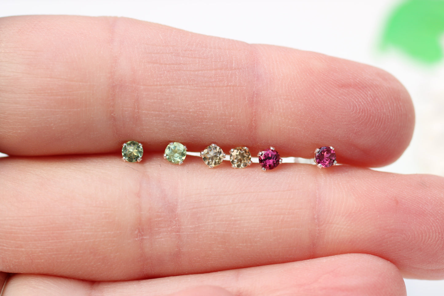 Spring Summer Gemstone Stud Trio – Peridot, Citrine & Rhodolite Garnet Sterling Silver Earrings