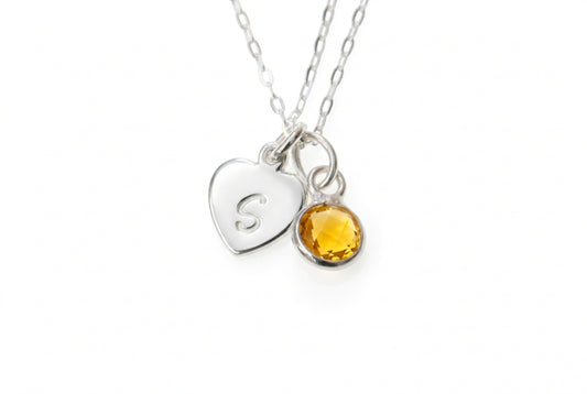 Sterling Silver Citrine Charm & Initial Necklace | November Birthstone Jewellery