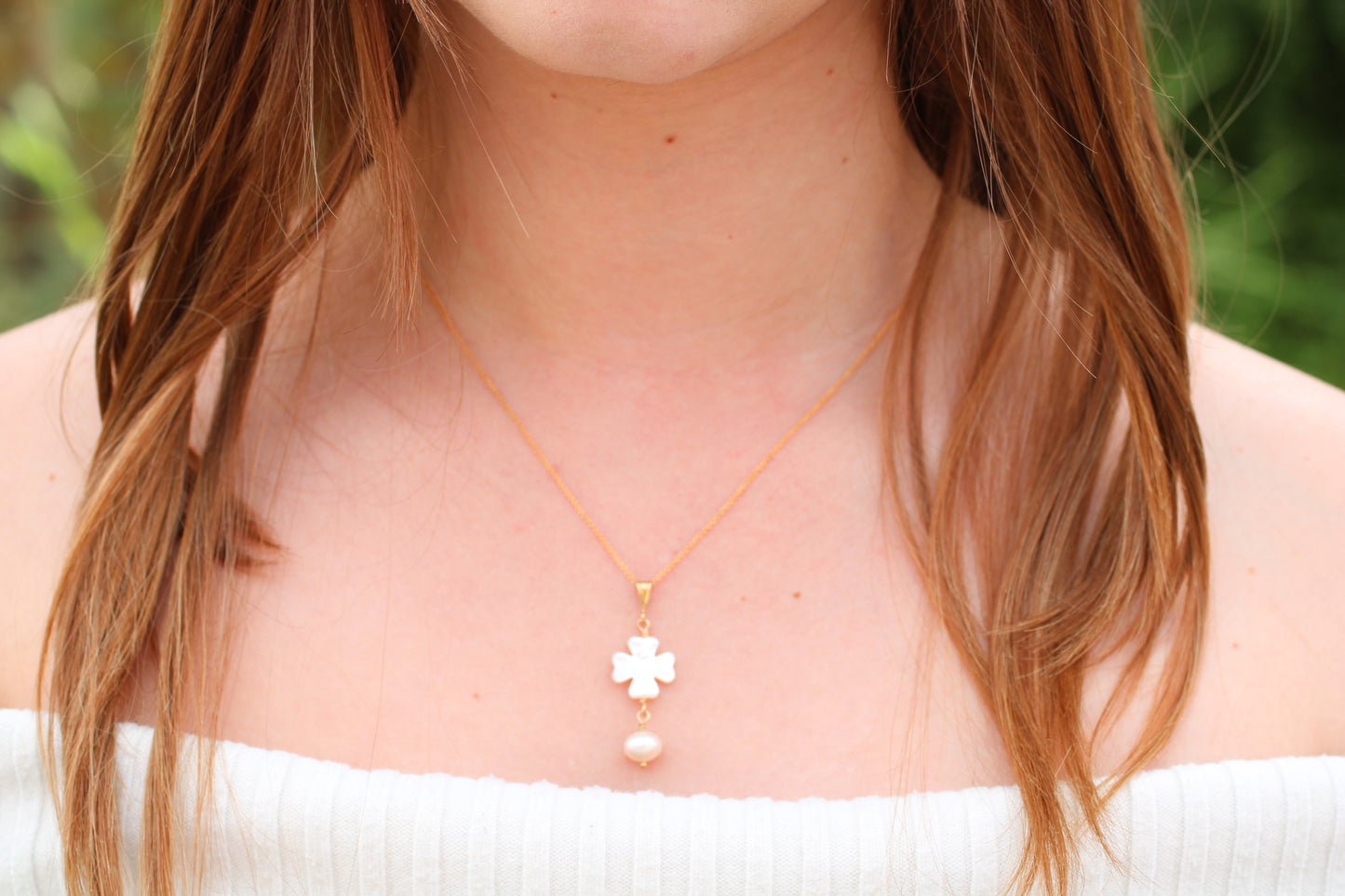 Mother of Pearl Clover & Freshwater Pearl Pendant Necklace | Sterling Silver or Gold Filled