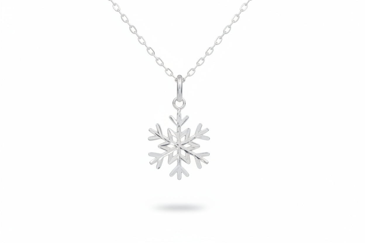 Silver snowflake pendant on a chain against a white background