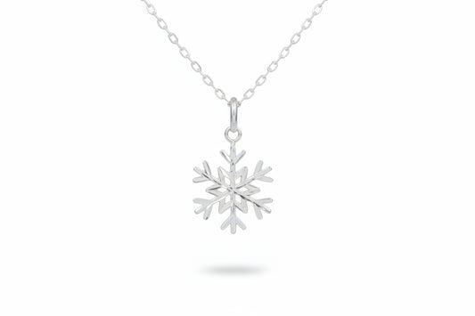 Silver snowflake pendant on a chain against a white background
