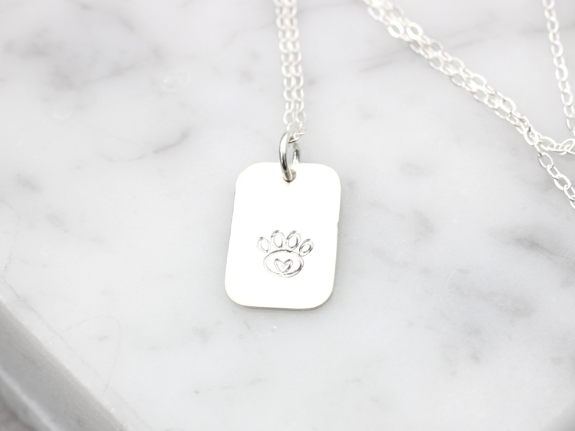 A silver dog tag necklace with a paw print engraving, displayed on a light gray background.