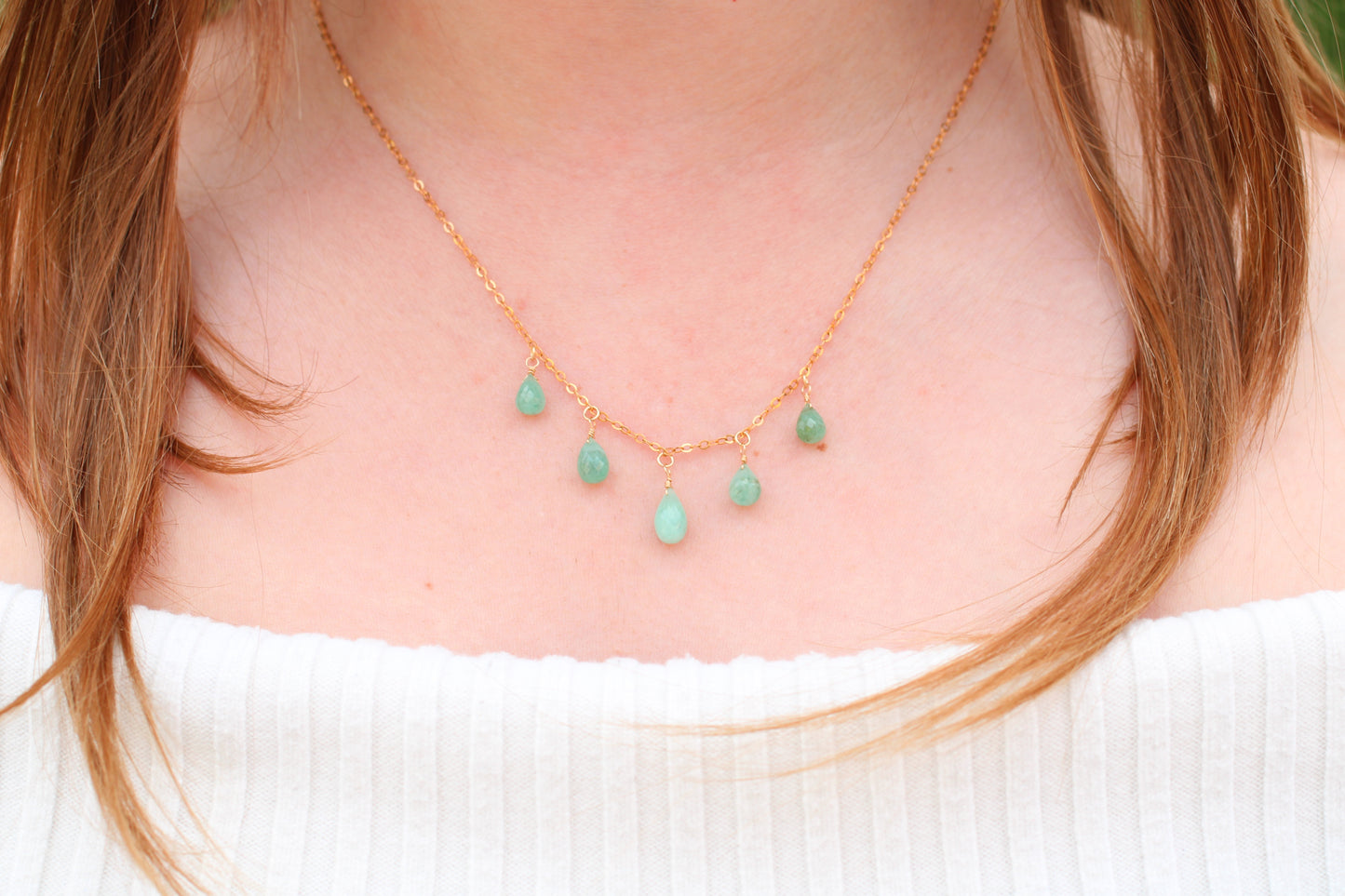 Wire-Wrapped Emerald Briolette Necklace in Gold.