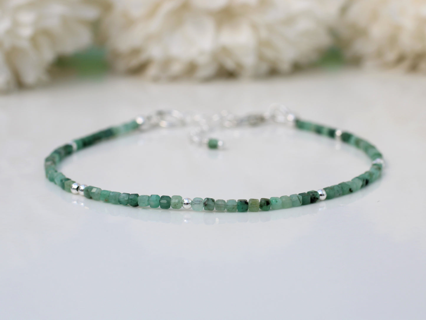 Emerald Cube Bead Bracelet – May Birthstone Gemstone Bracelet in Sterling Silver