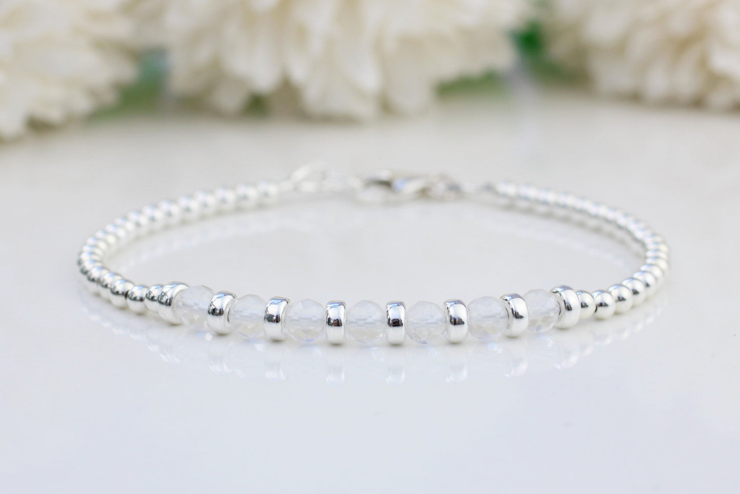 Crystal Quartz Bracelet – April Birthstone Sterling Silver Beaded Bracelet with Personalised Heart Tag