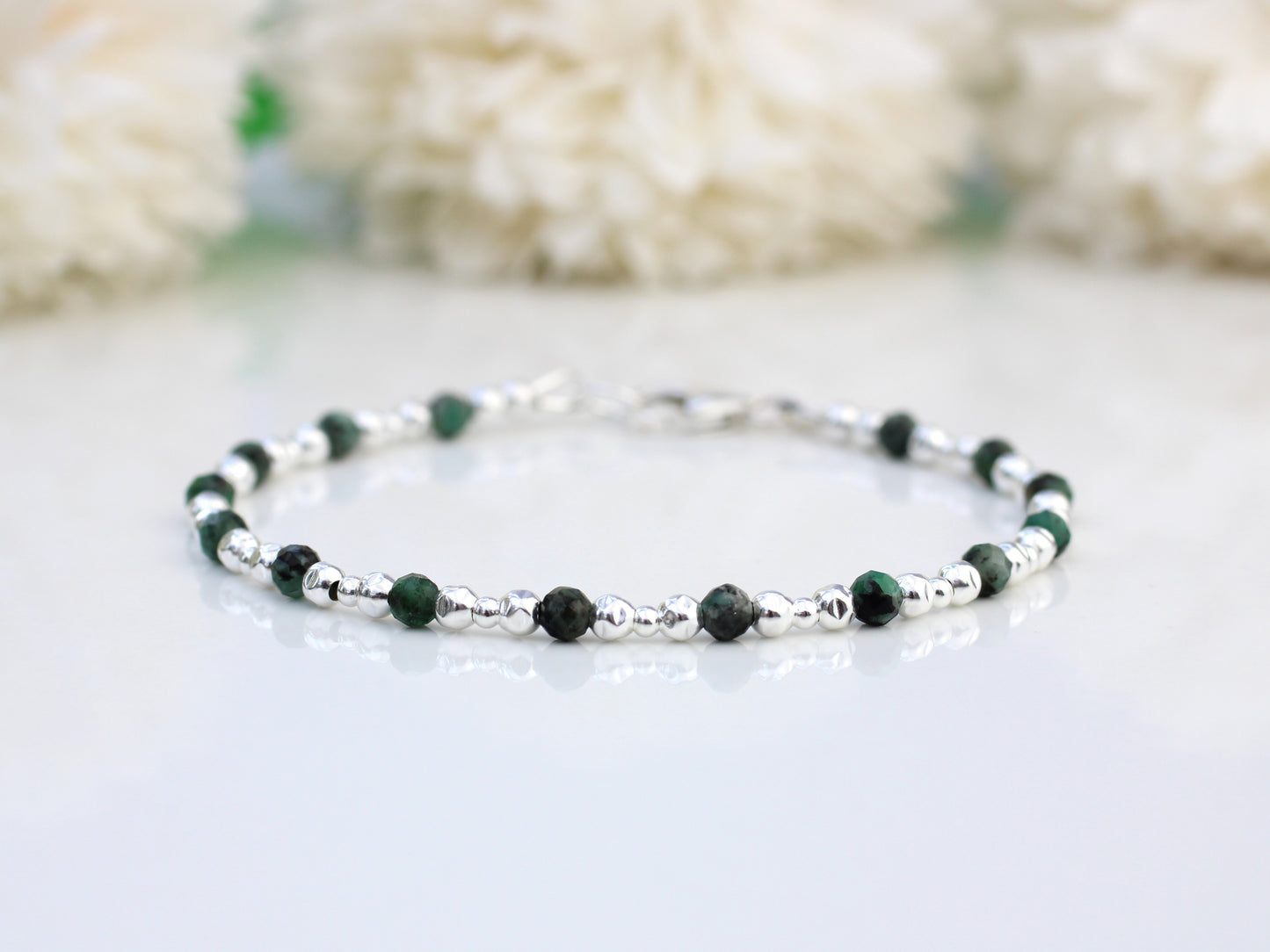Emerald Gemstone Bracelet – May Birthstone Faceted Emerald Bracelet with Hammered Silver and Personalisation