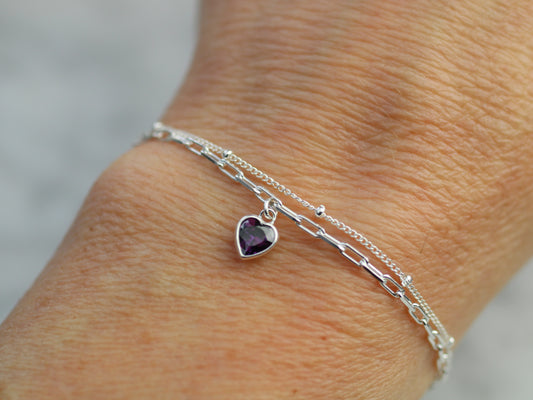 February crystal layered bracelet with purple cubic zirconia heart in sterling silver