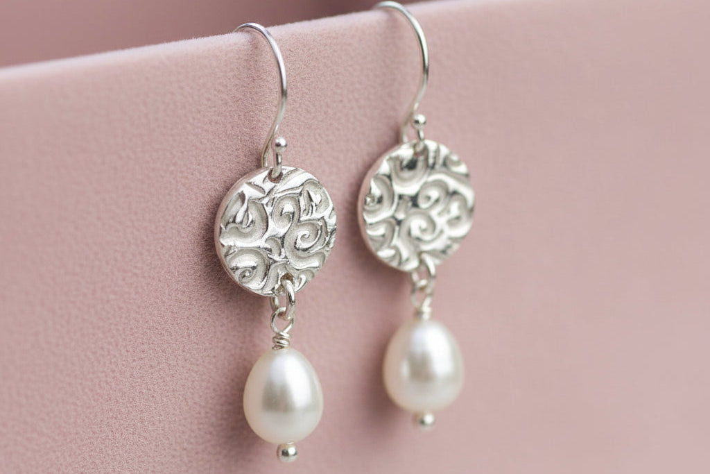 Silver earrings with pearl drops on a white cup