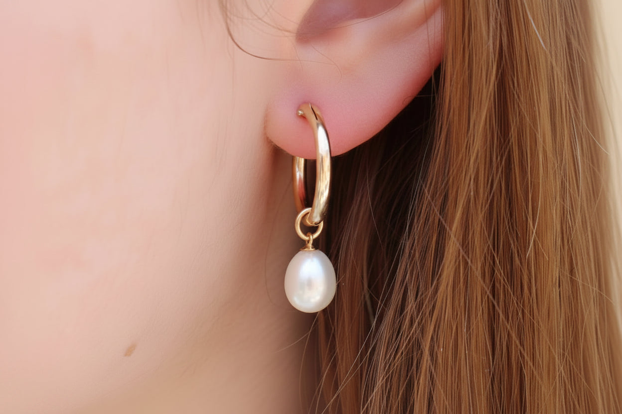 Gold hoop earring with a pearl charm worn by a person.
