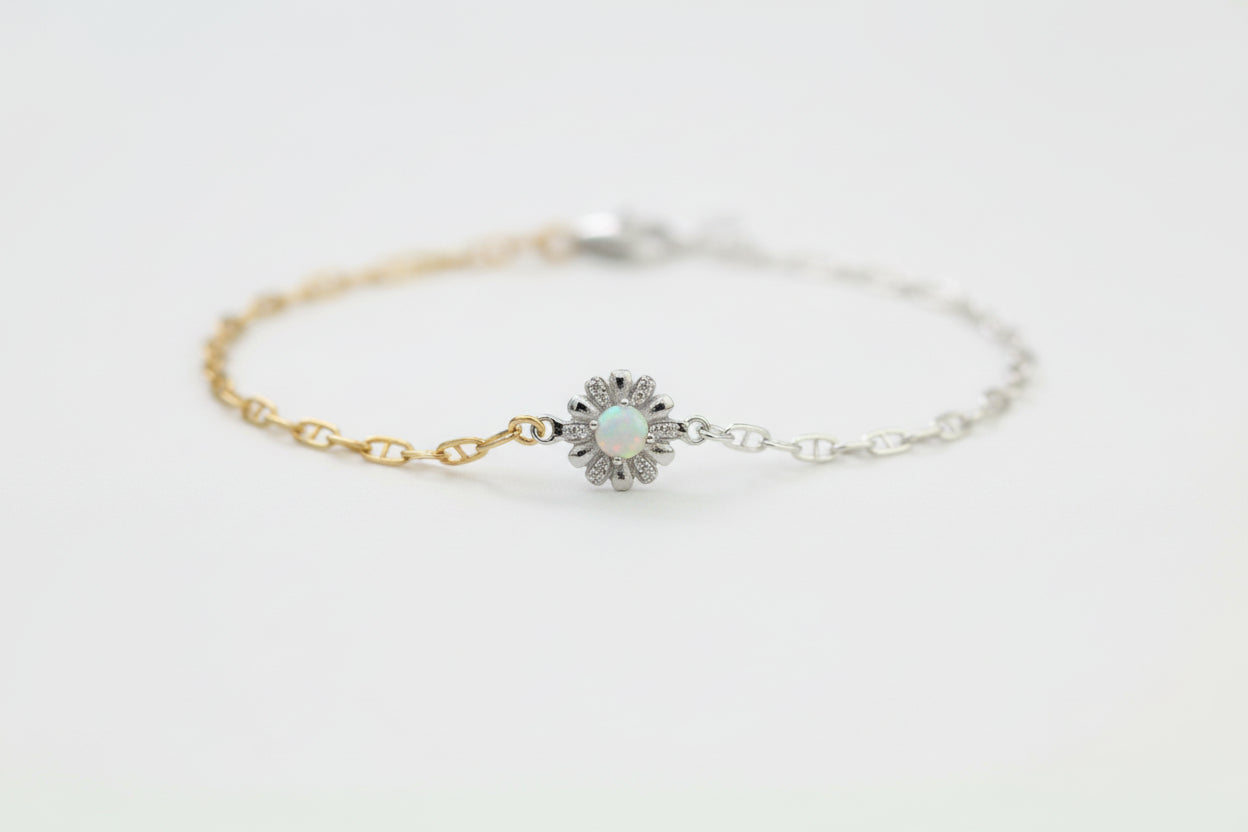 Bracelet with a floral design on a wrist against a neutral background