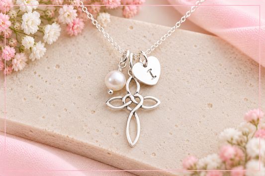 Personalised Infinity Cross Necklace with Pearl.