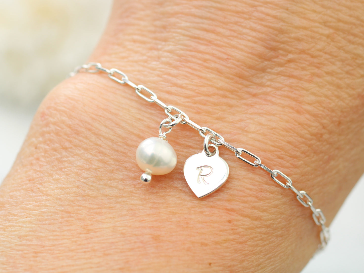 personalised initial bracelet with pearl charm