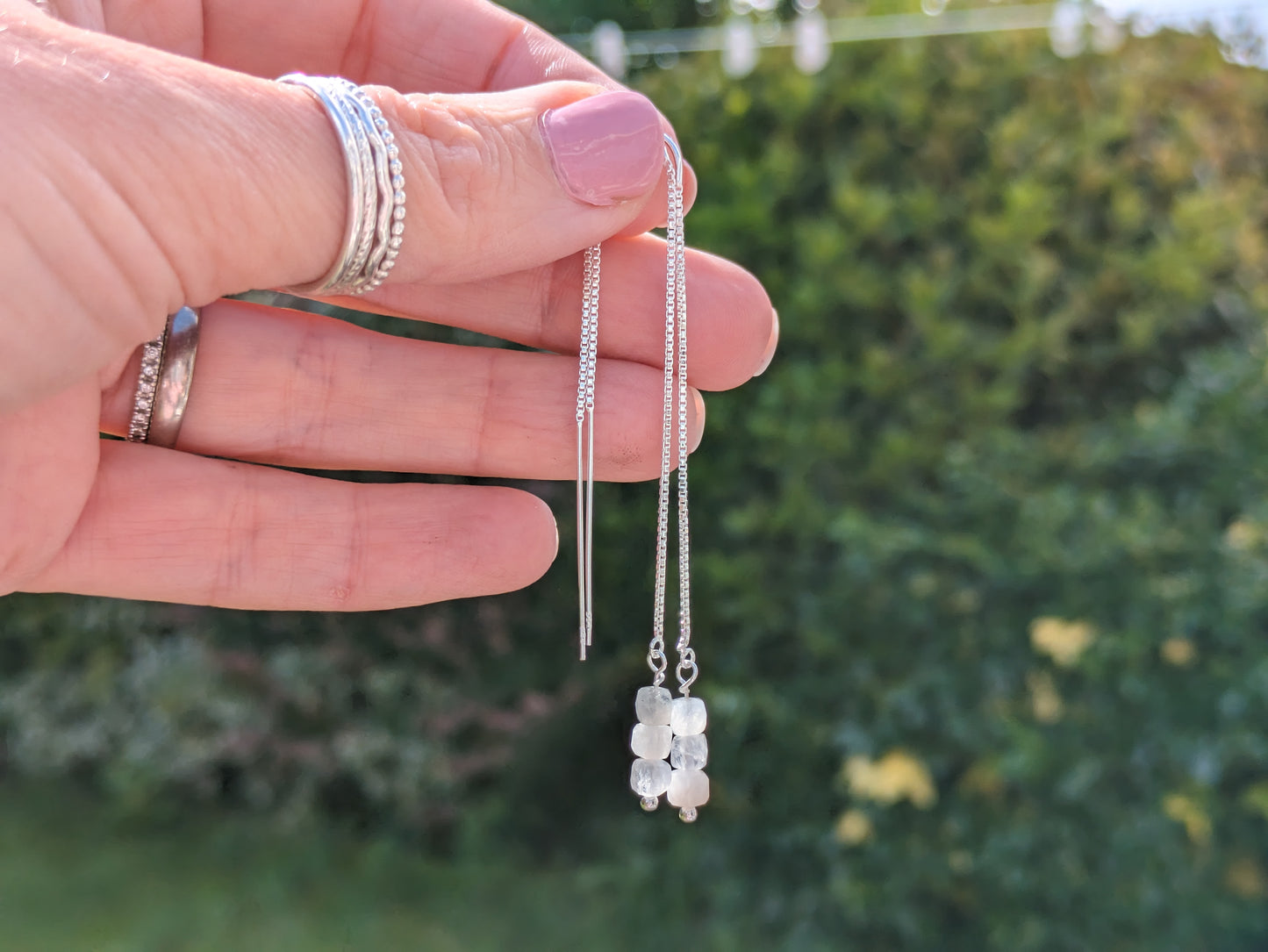 rainbow moonstone threader earrings