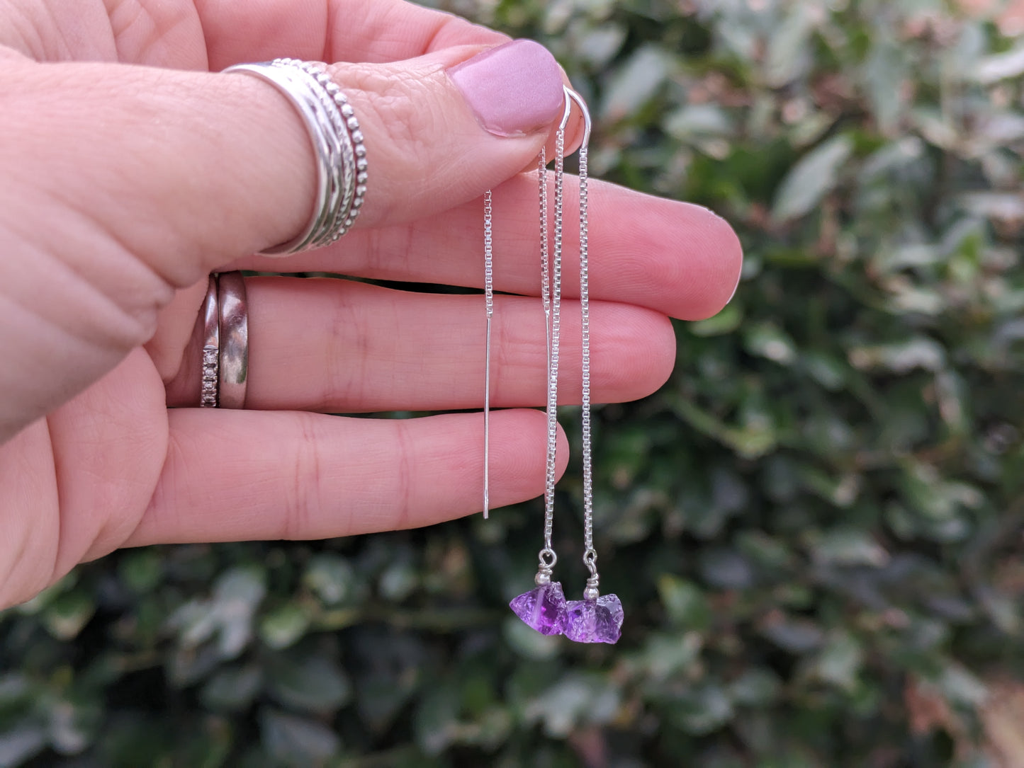 raw amethyst threader earrings