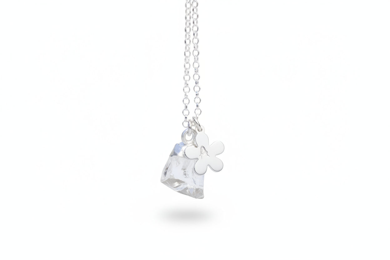 Raw Crystal Quartz Necklace – Personalised April Birthstone Pendant with Silver Flower Tag