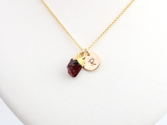 Raw garnet and initial necklace in gold filled.