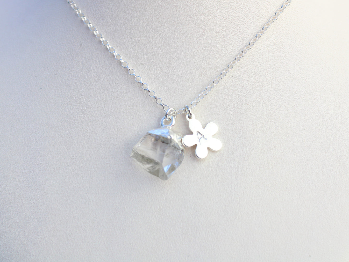 Raw Crystal Quartz Necklace – Personalised April Birthstone Pendant with Silver Flower Tag