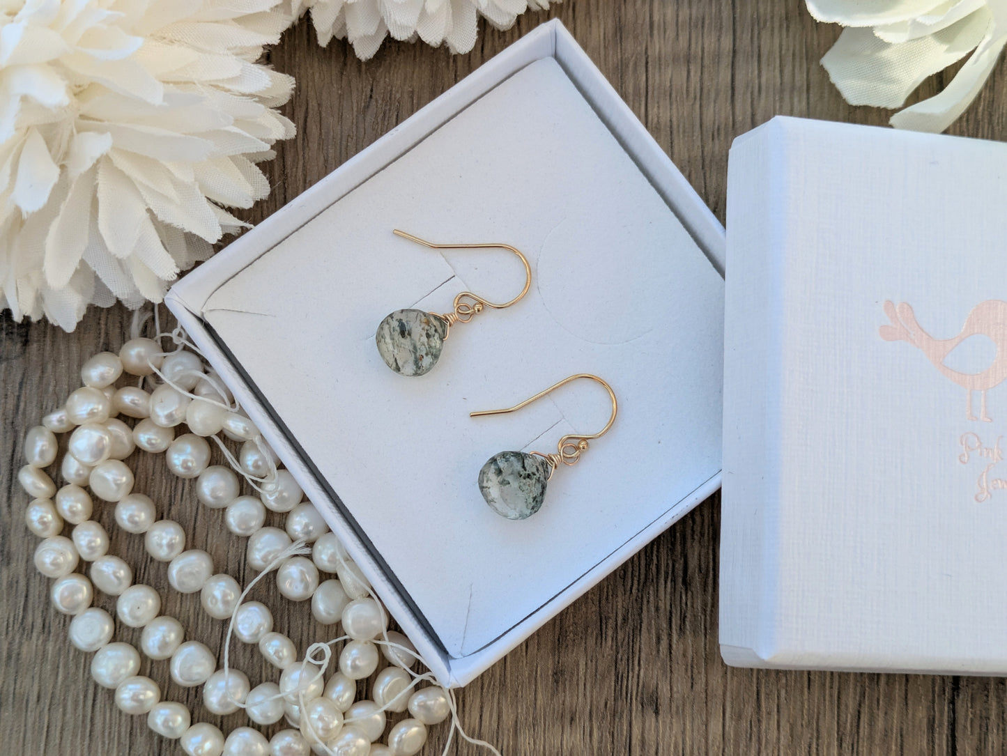 Moss agate earrings in silver or gold.