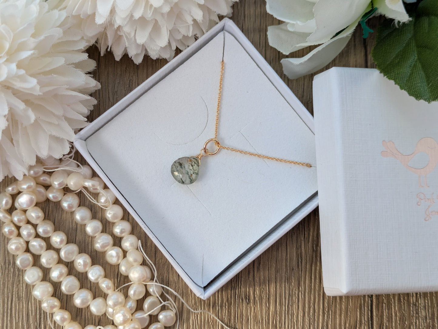 Moss agate necklace in silver or gold.