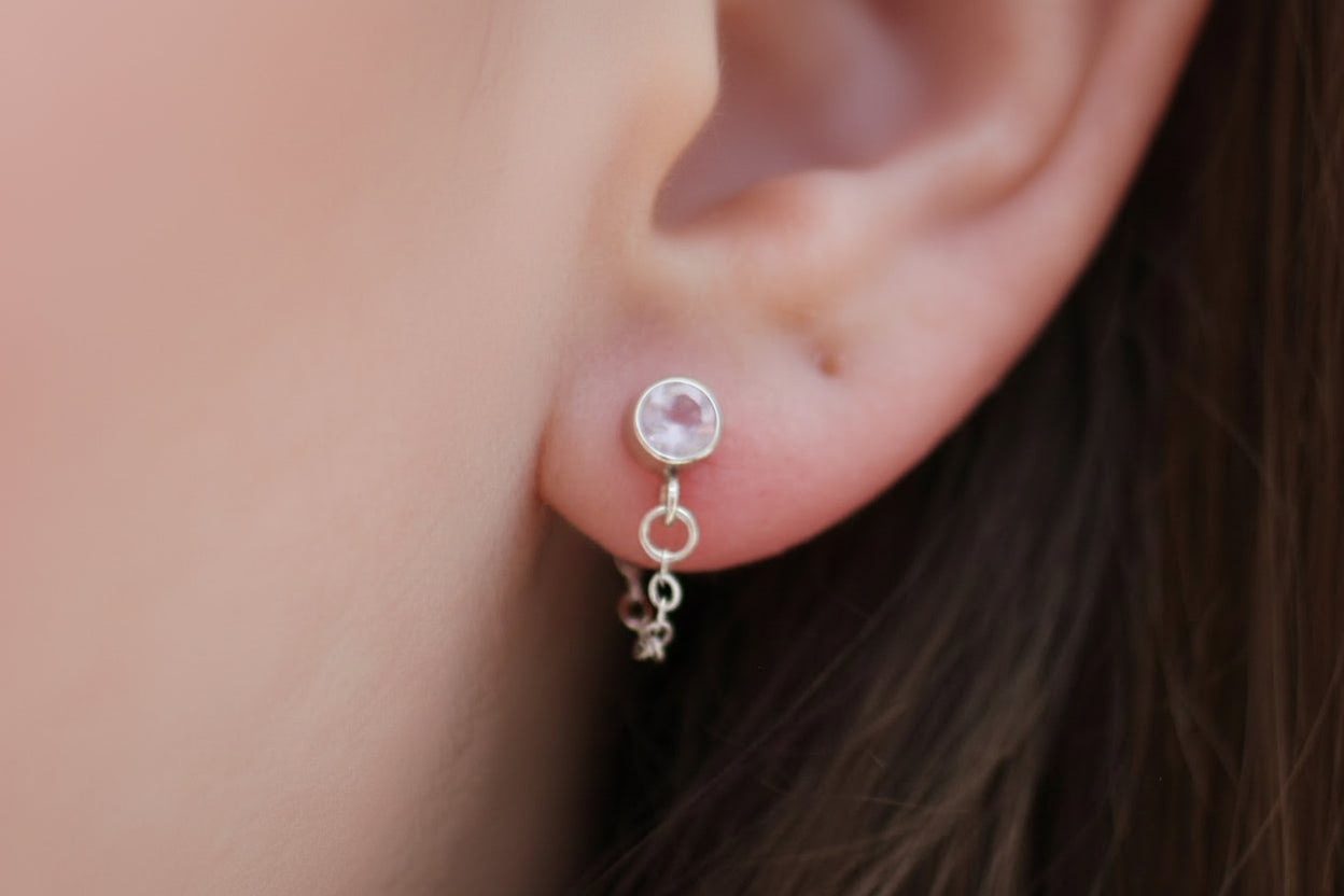 Close-up of an ear with a silver earring featuring a pink gemstone.