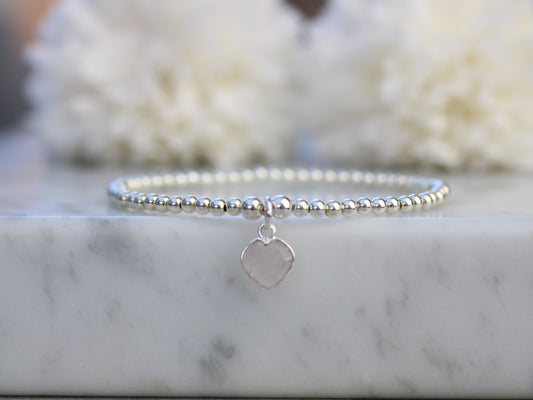 Rose Quartz Heart Beaded Bracelet in Sterling Silver | Pink Gemstone Bracelet | Gift for Her