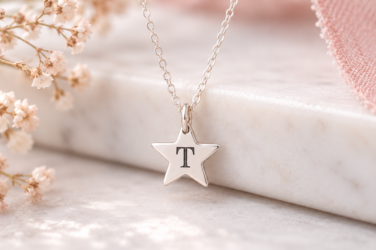 A silver initial necklace with a star-shaped pendant featuring the letter 'T', displayed on a white marble slab with dried baby's breath flowers and a soft pink fabric in the background.