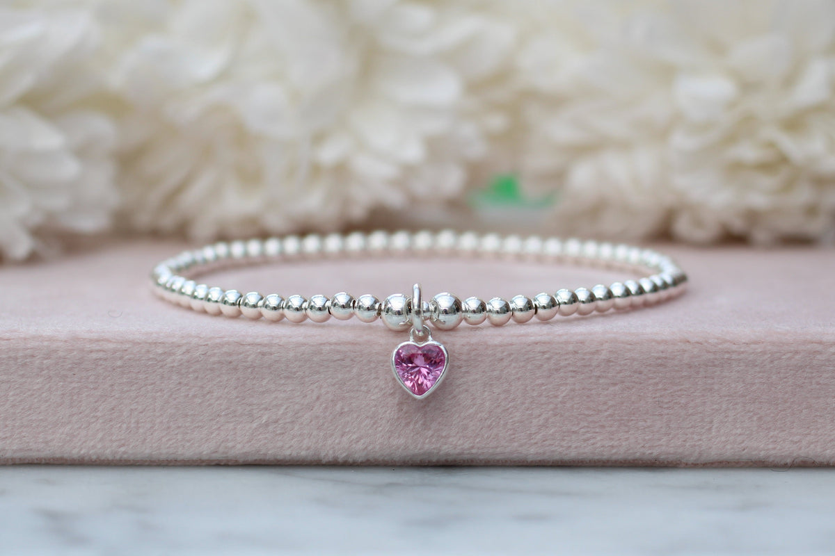 Sterling Silver Bead Bracelet with Crystal Heart Birthstone Charm