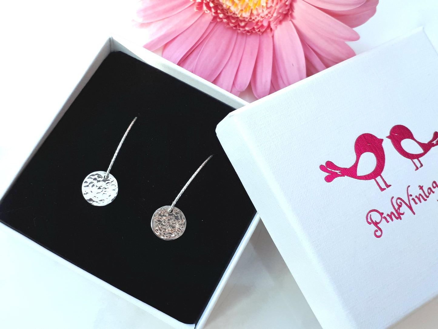Hammered disc earrings in silver, gold and rose gold.