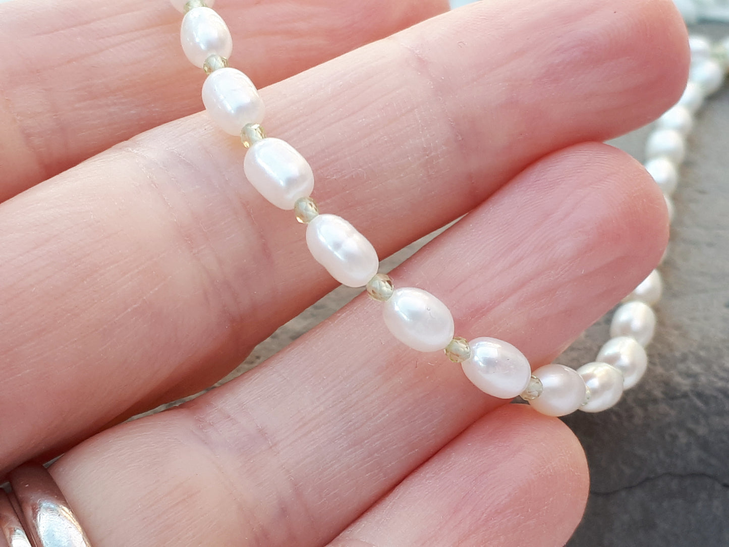 Pearl and peridot necklace. Ready to ship.