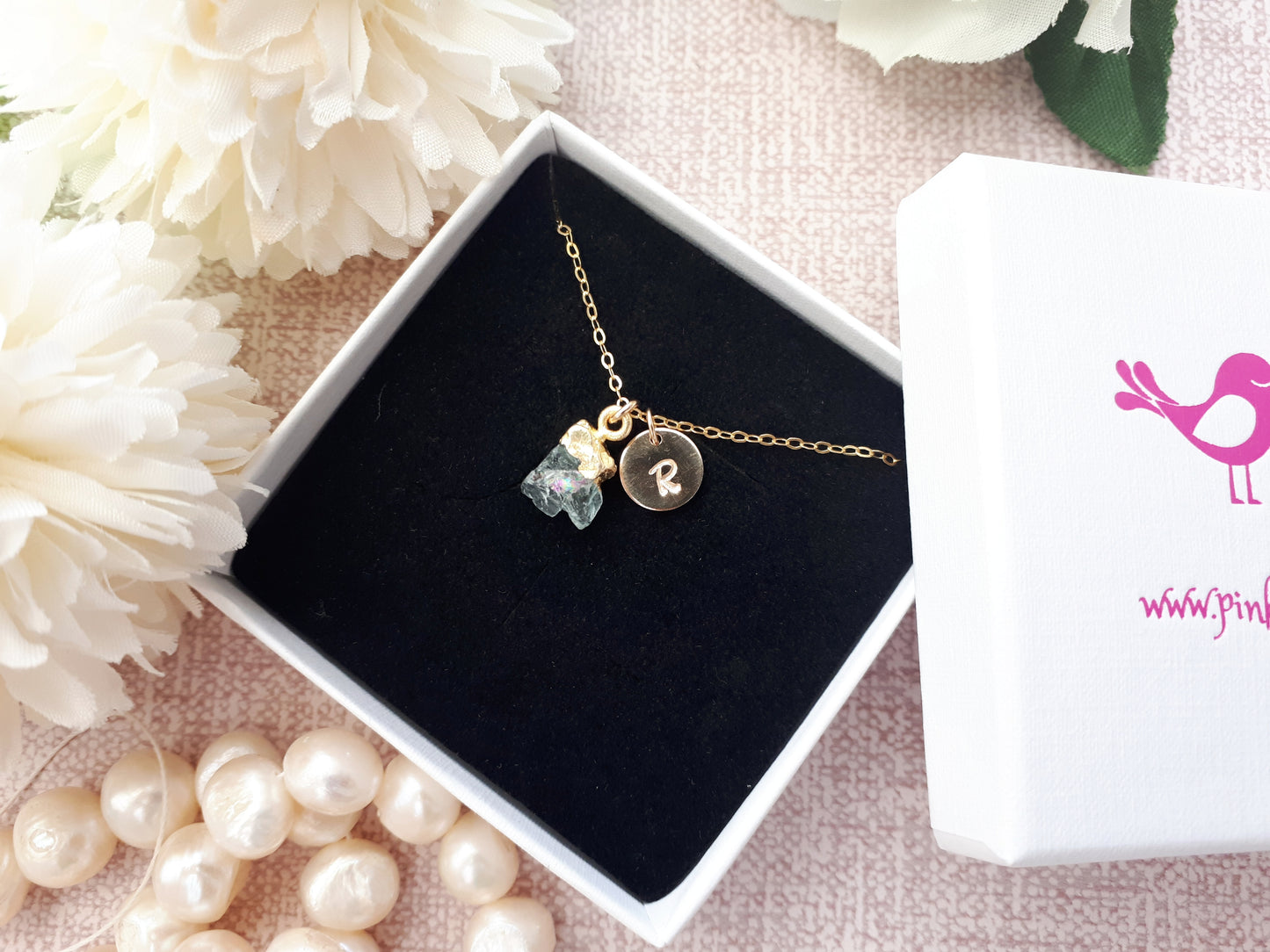 Personalised aquamarine necklace in gold.