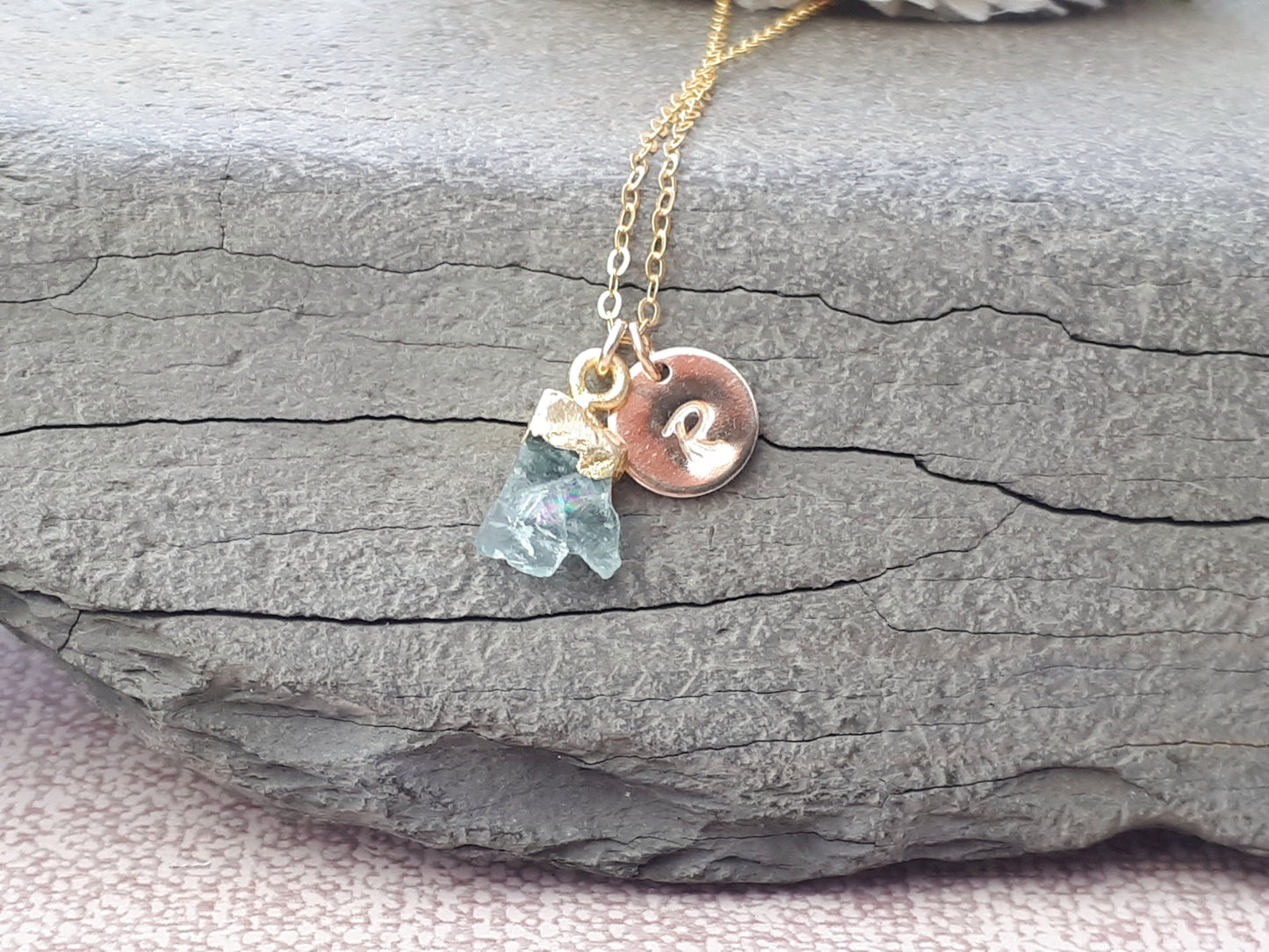 Personalised aquamarine necklace in gold.