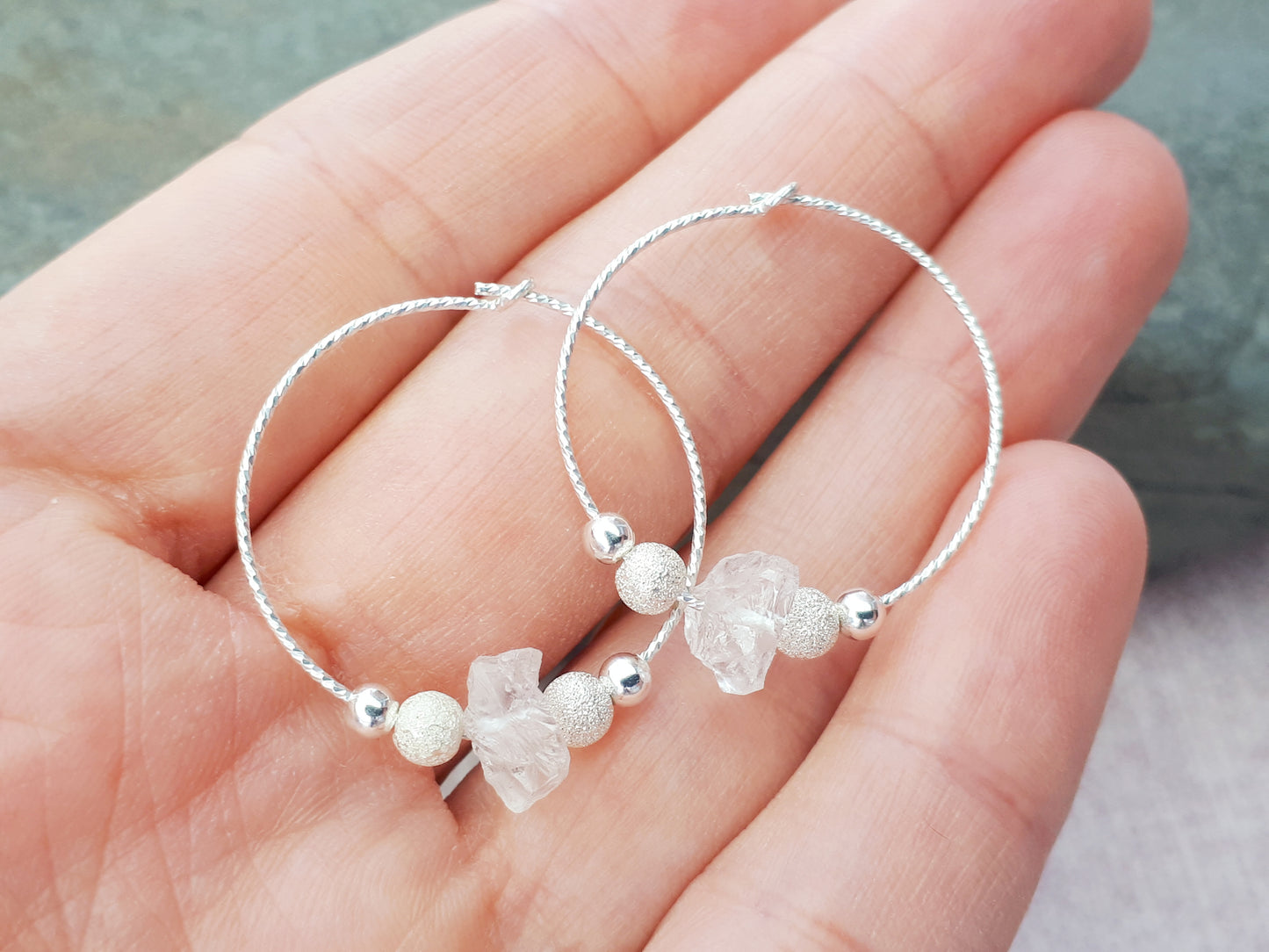 April birthstone earrings. Quartz hoop earrings.