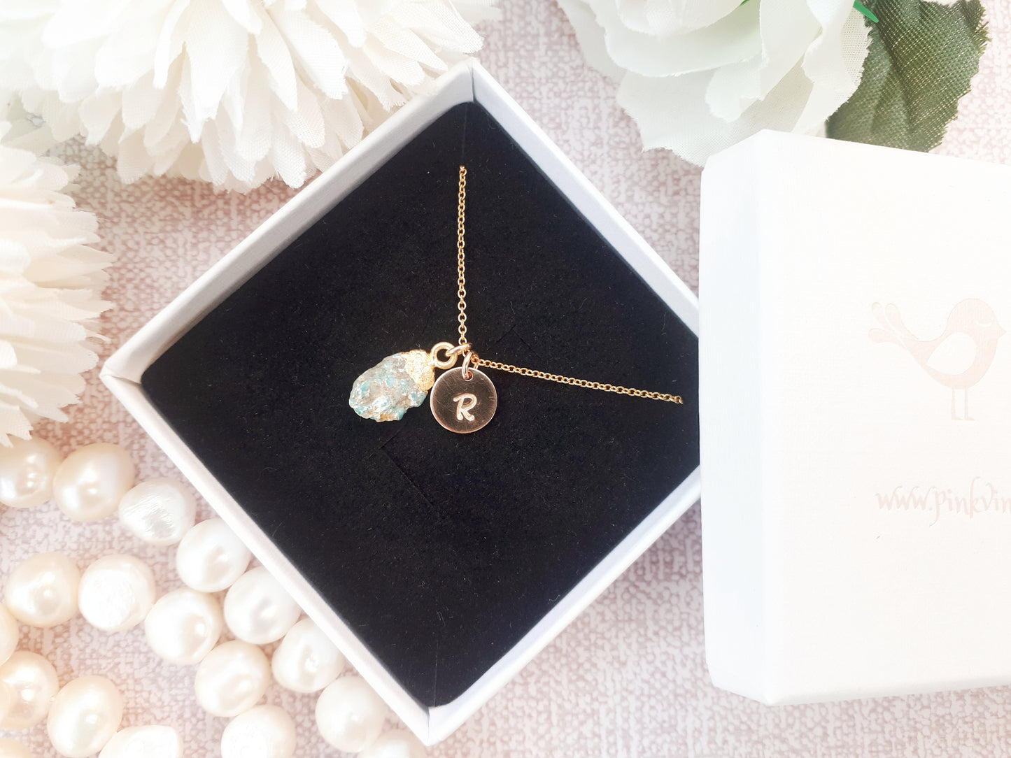 Personalised turquoise necklace in gold.