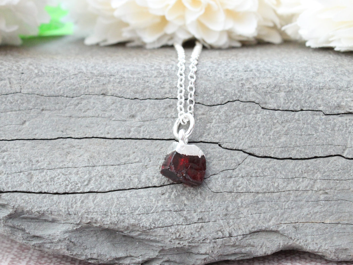 January birthstone necklace. Raw garnet necklace.