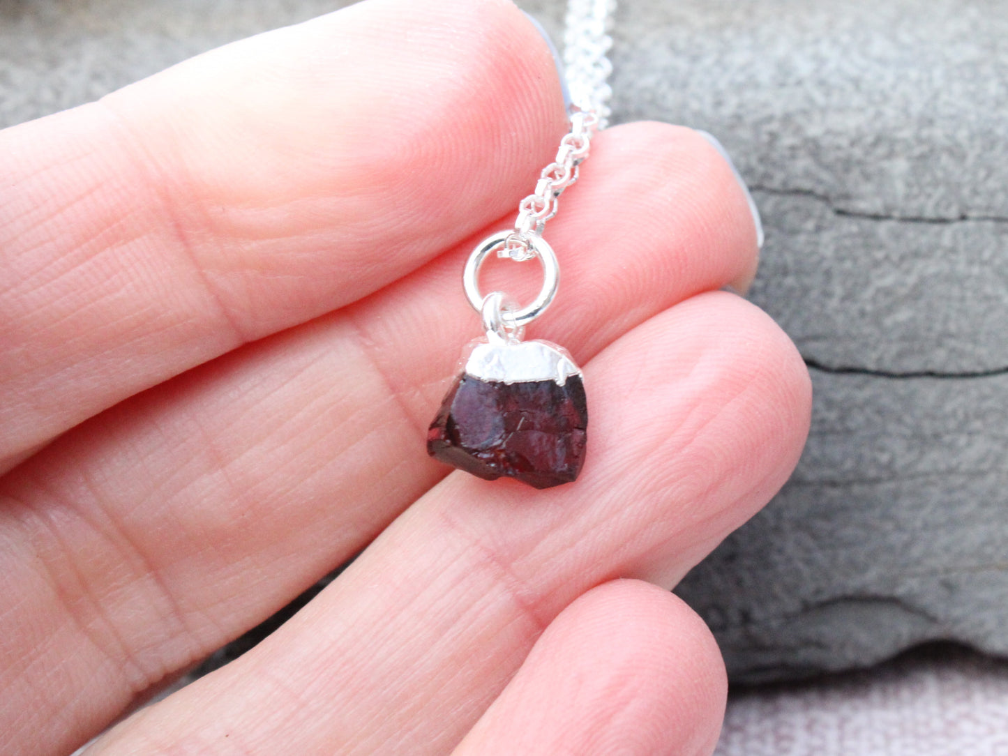 January birthstone necklace. Raw garnet necklace.