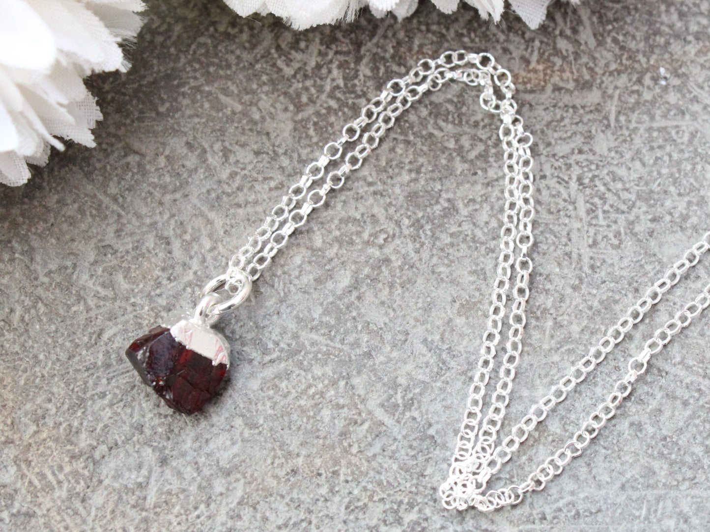 January birthstone necklace. Raw garnet necklace.