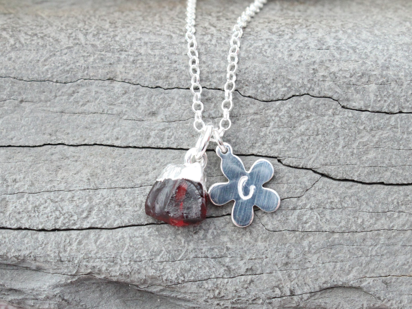 Personalised raw garnet necklace in sterling silver.