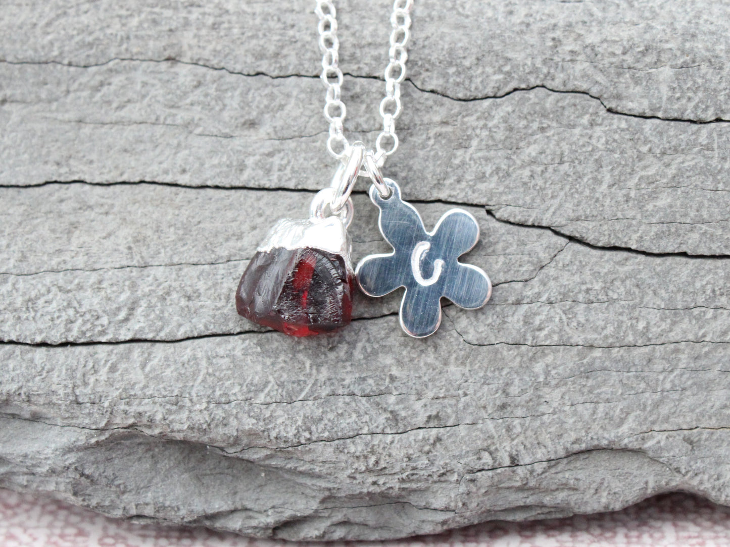 Personalised raw garnet necklace in sterling silver.