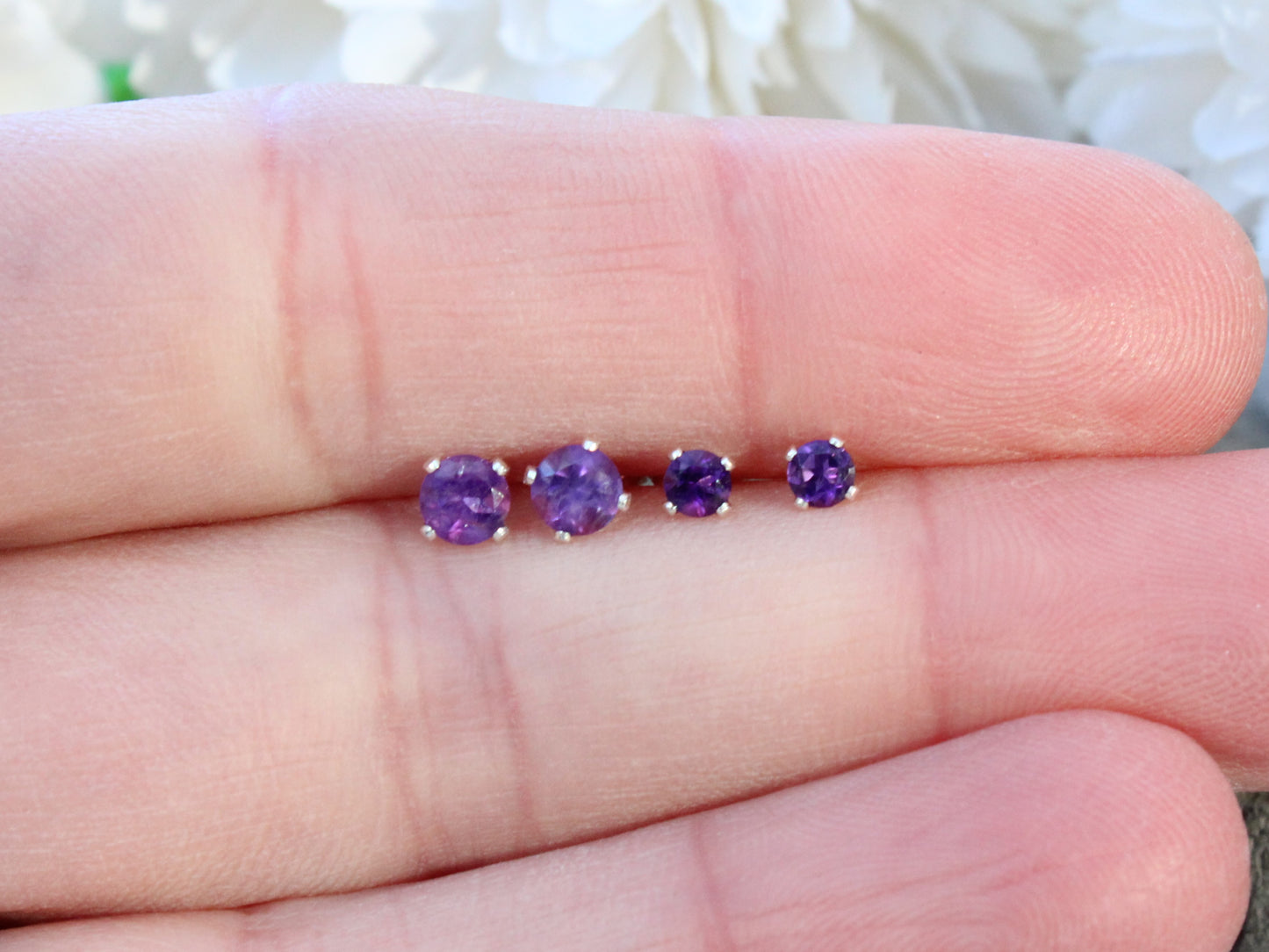 Amethyst stud earrings in silver. Ready to ship.