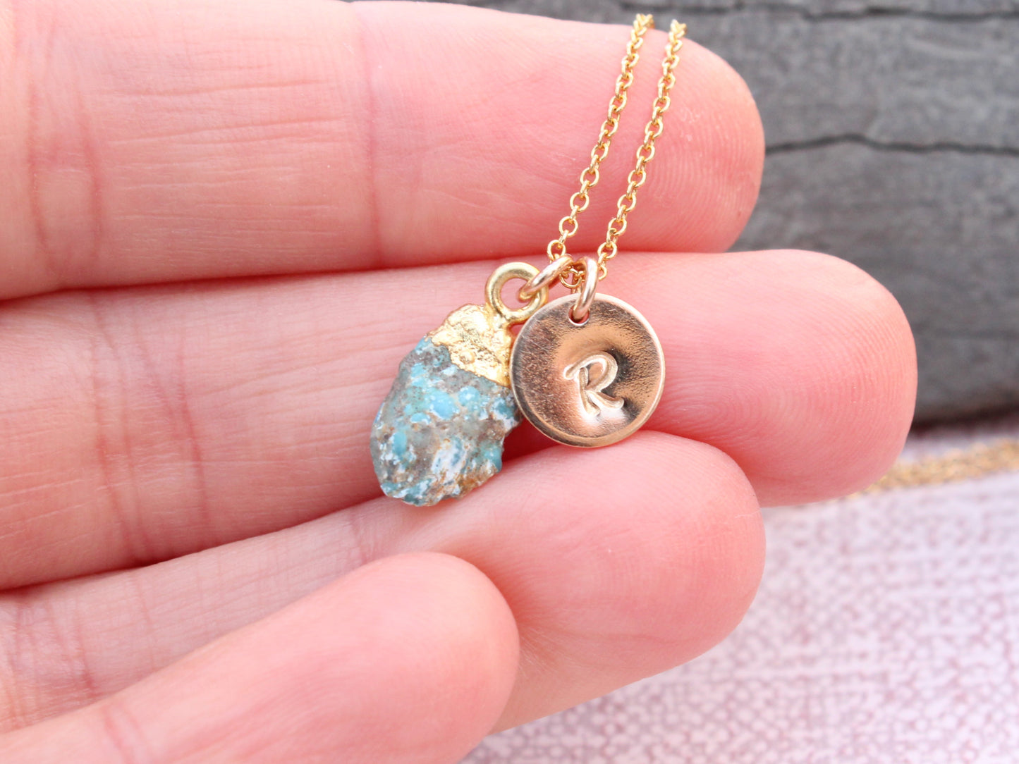 Personalised turquoise necklace in gold.