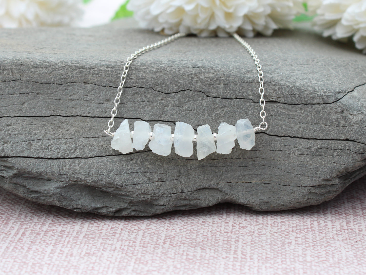 Raw moonstone necklace in silver or gold.