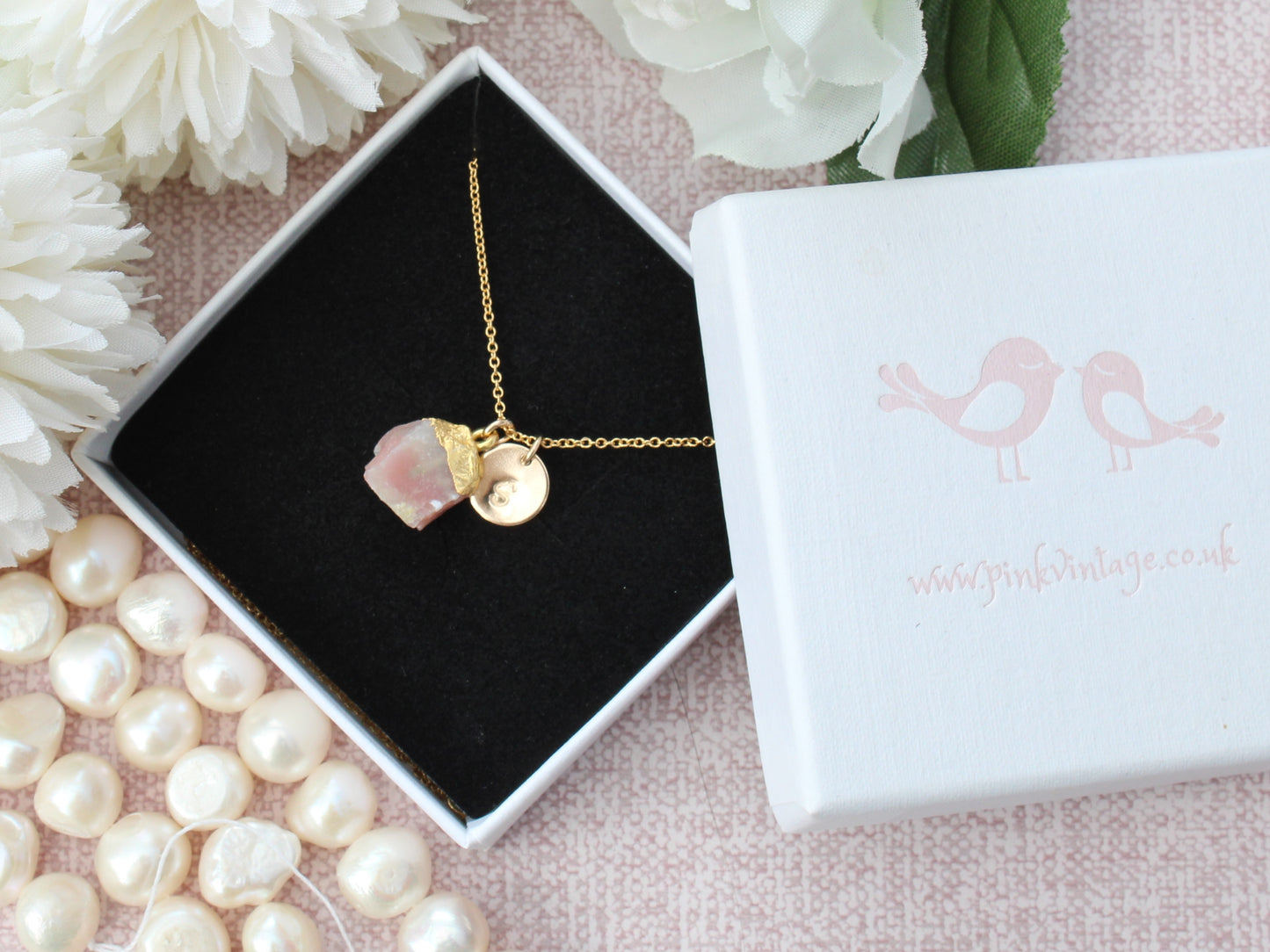 Personalised pink opal necklace in gold.