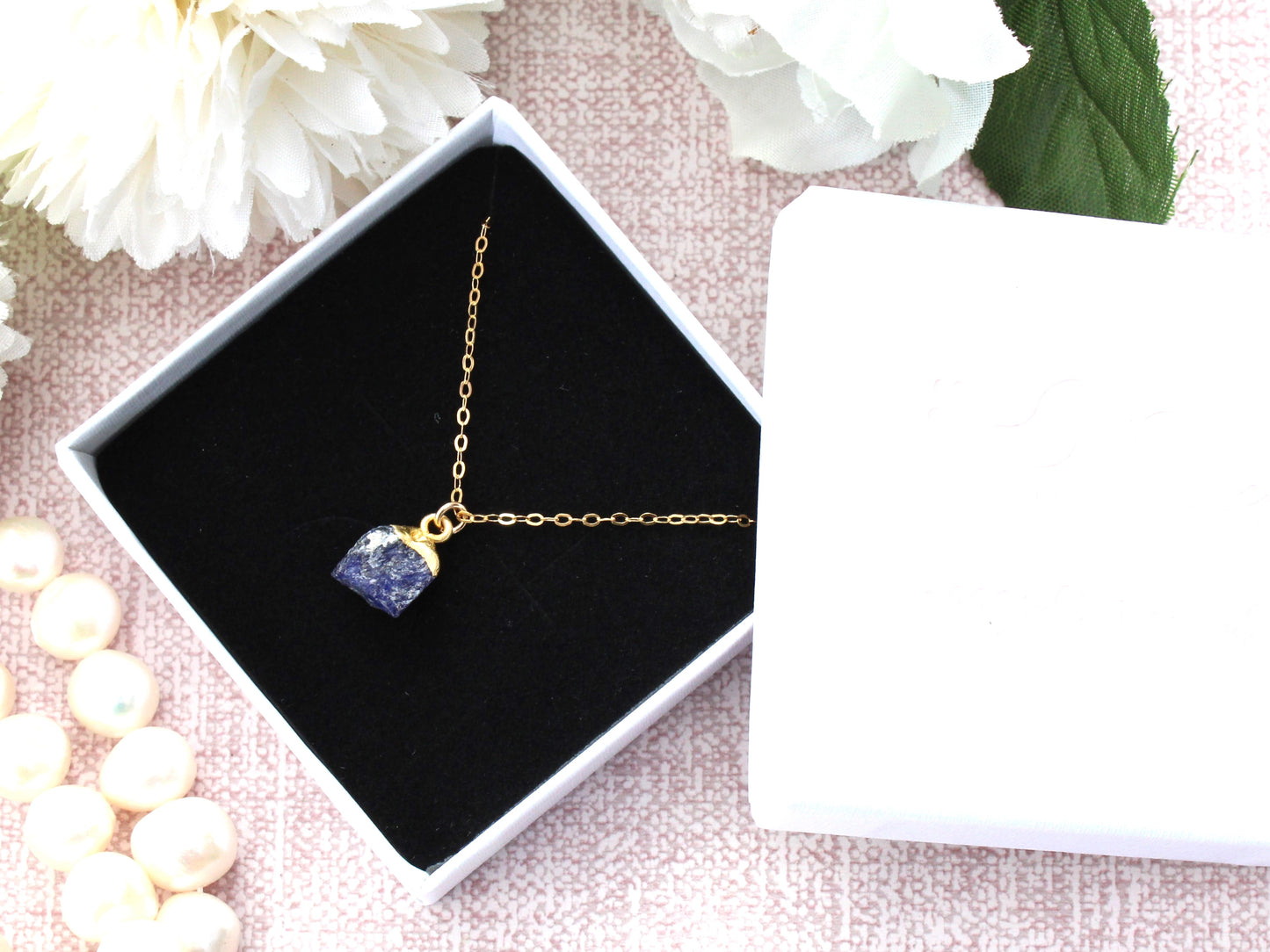 September birthstone necklace. Raw sapphire necklace.