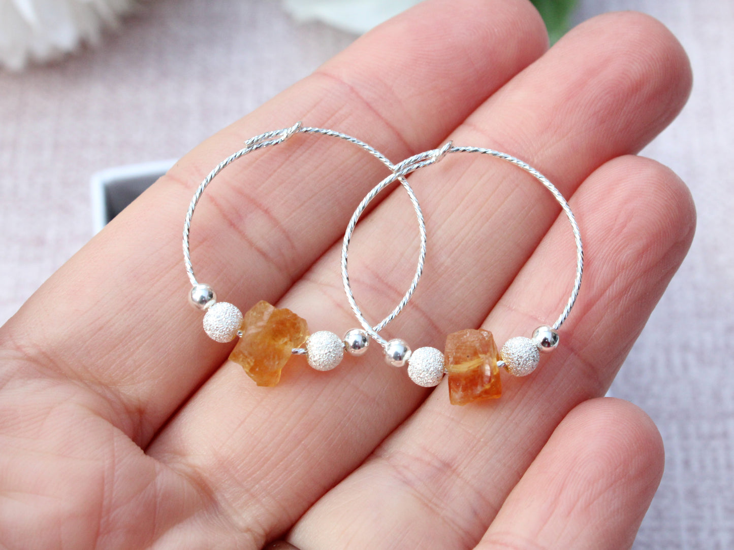 Raw citrine hoop earrings in silver. November birthstone.